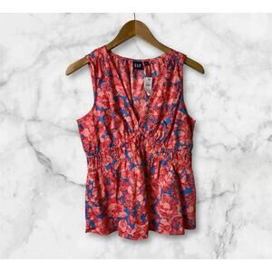Gap Women's Blue & Pink Floral V-Neck Babydoll Blouse Size Small NWT